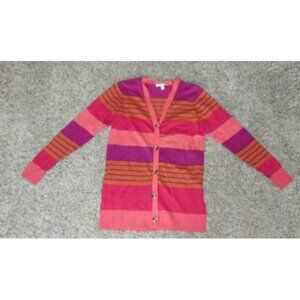 Womens Liz Claiborne Cardigan Sweater Small Pink Stripe Button Front Long Sleeve